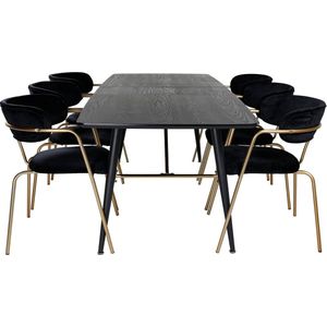 Gold eethoek eetkamertafel uitschuifbare tafel lengte cm 180 / 220 zwart en 6 Arrow eetkamerstal velours zwart.