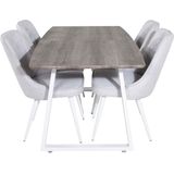 IncaNAWH eethoek eetkamertafel uitschuifbare tafel lengte cm 160 / 200 el hout decor grijs en 4 Velvet Deluxe eetkamerstal lichtgrijs, wit.