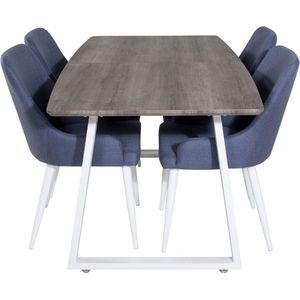 IncaNAWH eethoek eetkamertafel uitschuifbare tafel lengte cm 160 / 200 el hout decor grijs en 4 Plaza eetkamerstal blauw, wit.