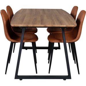 IncaNABL eethoek eetkamertafel uitschuifbare tafel lengte cm 160 / 200 el hout decor en 4 Polar eetkamerstal PU kunstleer bruin.