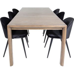 SliderOS eethoek eetkamertafel uitschuifbare tafel lengte cm 170 / 250 rokerig eik en 6 Velvet eetkamerstal velours zwart.