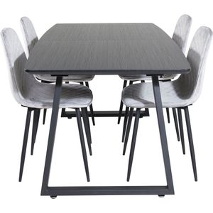 IncaBLBL eethoek eetkamertafel uitschuifbare tafel lengte cm 160 / 200 zwart en 4 Polar Diamond eetkamerstal velours grijs.