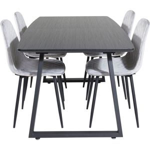 IncaBLBL eethoek eetkamertafel uitschuifbare tafel lengte cm 160 / 200 zwart en 4 Polar Diamond eetkamerstal velours