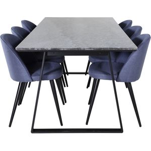 EstelleBLBL eethoek eetkamertafel zwart, marmer en 6 Velvet eetkamerstal blauw.