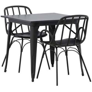 Tempe eethoek tafel zwart en 2 Dyrön stoelen zwart.