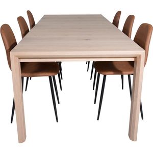 SliderWW eethoek eetkamertafel uitschuifbare tafel lengte cm 170 / 250 eik wit washeded en 6 Polar eetkamerstal PU kunstleer bruin.