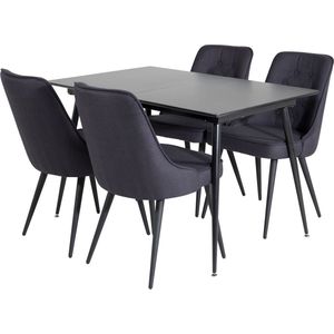 SilarBLExt eethoek eetkamertafel uitschuifbare tafel lengte cm 120 / 160 zwart en 4 Velvet Deluxe eetkamerstal zwart.