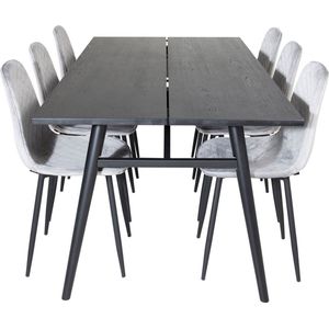 Sleek eethoek eetkamertafel uitschuifbare tafel lengte cm 195 / 280 zwart en 6 Polar Diamond eetkamerstal velours grijs.