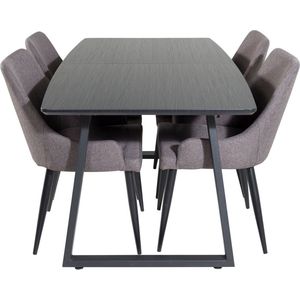 IncaBLBL eethoek eetkamertafel uitschuifbare tafel lengte cm 160 / 200 zwart en 4 Plaza eetkamerstal grijs, zwart.