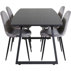 IncaBLBL eethoek eetkamertafel uitschuifbare tafel lengte cm 160 / 200 zwart en 4 Polar eetkamerstal velours grijs.