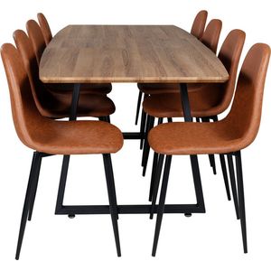 IncaNABL eethoek eetkamertafel uitschuifbare tafel lengte cm 160 / 200 el hout decor en 8 Polar eetkamerstal PU kunstleer bruin.