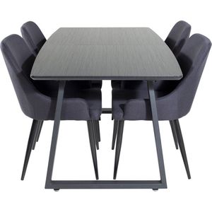 IncaBLBL eethoek eetkamertafel uitschuifbare tafel lengte cm 160 / 200 zwart en 4 Plaza eetkamerstal zwart.