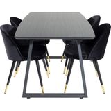 IncaBLBL eethoek eetkamertafel uitschuifbare tafel lengte cm 160 / 200 zwart en 4 Velvet eetkamerstal velours zwart,