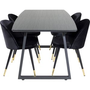 IncaBLBL eethoek eetkamertafel uitschuifbare tafel lengte cm 160 / 200 zwart en 4 Velvet eetkamerstal velours zwart, messing decor.