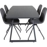 IncaBLBL eethoek eetkamertafel uitschuifbare tafel lengte cm 160 / 200 zwart en 4 Polar eetkamerstal PU kunstleer zwart.