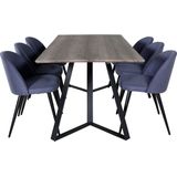 MarinaGRBL eethoek eetkamertafel el hout decor grijs en 6 Velvet eetkamerstal blauw.