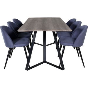 MarinaGRBL eethoek eetkamertafel el hout decor grijs en 6 Velvet eetkamerstal blauw.