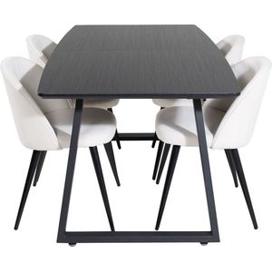 IncaBLBL eethoek eetkamertafel uitschuifbare tafel lengte cm 160 / 200 zwart en 4 Velvet eetkamerstal fluweel beige, zwart.