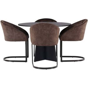 Bootcut eethoek tafel zwart en 4 Evening stoelen bruin.