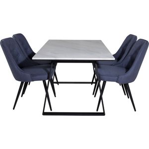 Estelle eethoek eetkamertafel marmer wit en 4 Velvet Deluxe eetkamerstal blauw, zwart.