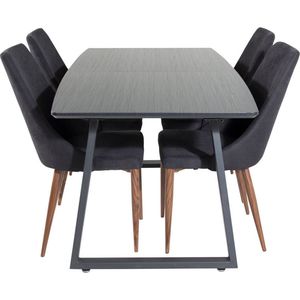 IncaBLBL eethoek eetkamertafel uitschuifbare tafel lengte cm 160 / 200 zwart en 4 Leone eetkamerstal zwart.