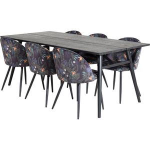 Sleek eethoek eetkamertafel uitschuifbare tafel lengte cm 195 / 280 zwart en 6 Velvet eetkamerstal velours gebloeid.