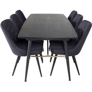 Gold eethoek eetkamertafel uitschuifbare tafel lengte cm 180 / 220 zwart en 6 Velvet Deluxe eetkamerstal zwart.