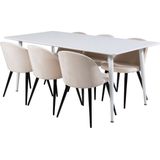 Polar180X90WHWH eethoek eetkamertafel wit en 6 Velvet eetkamerstal velours beige, zwart.