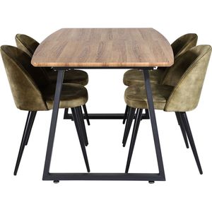 IncaNABL eethoek eetkamertafel uitschuifbare tafel lengte cm 160 / 200 el hout decor en 4 Velvet eetkamerstal velours