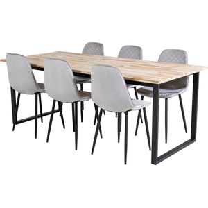 CirebonBL eethoek eetkamertafel teakhout en 6 Polar Diamond eetkamerstal velours grijs.