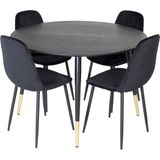 DippØ115BLBR eethoek eetkamertafel zwart en 4 Polar Diamond eetkamerstal velours zwart.