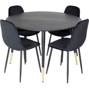 DippØ115BLBR eethoek eetkamertafel zwart en 4 Polar Diamond eetkamerstal velours zwart.