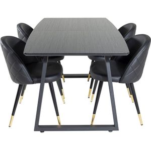 IncaBLBL eethoek eetkamertafel uitschuifbare tafel lengte cm 160 / 200 zwart en 4 Velvet eetkamerstal PU kunstleer zwart.