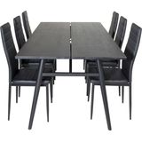 Sleek eethoek eetkamertafel uitschuifbare tafel lengte cm 195 / 280 zwart en 6 Slim High Back eetkamerstal PU kunstleer
