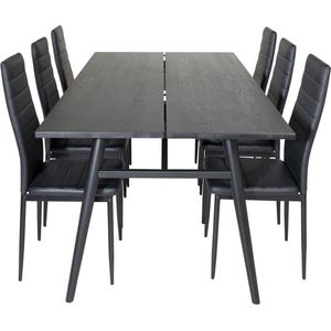 Sleek eethoek eetkamertafel uitschuifbare tafel lengte cm 195 / 280 zwart en 6 Slim High Back eetkamerstal PU kunstleer zwart.