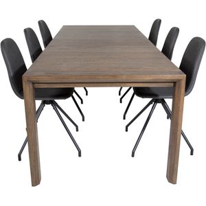 SliderOS eethoek eetkamertafel uitschuifbare tafel lengte cm 170 / 250 rokerig eik en 6 Polar eetkamerstal PU kunstleer zwart.