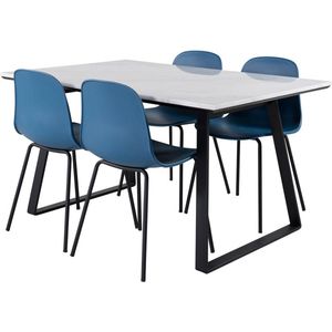 Estelle eethoek eetkamertafel marmer wit en 4 Arctic eetkamerstal blauw, zwart.