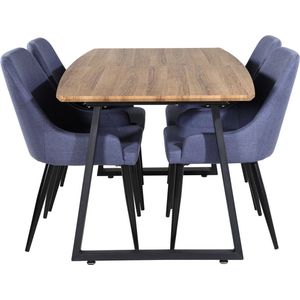 IncaNABL eethoek eetkamertafel uitschuifbare tafel lengte cm 160 / 200 el hout decor en 4 Plaza eetkamerstal blauw, zwart.