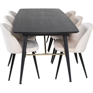 Gold eethoek eetkamertafel uitschuifbare tafel lengte cm 180 / 220 zwart en 6 Velvet eetkamerstal velours beige, zwart.