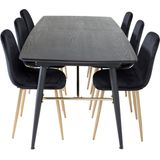 Gold eethoek eetkamertafel uitschuifbare tafel lengte cm 180 / 220 zwart en 6 Polar eetkamerstal velours zwart, messing