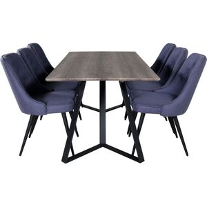 MarinaGRBL eethoek eetkamertafel el hout decor grijs en 6 Velvet Deluxe eetkamerstal blauw, zwart.