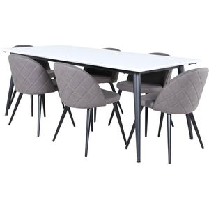 Jimmy195 eethoek eetkamertafel uitschuifbare tafel lengte cm 195 / 285 wit en 6 Velvet Stitches eetkamerstal grijs.