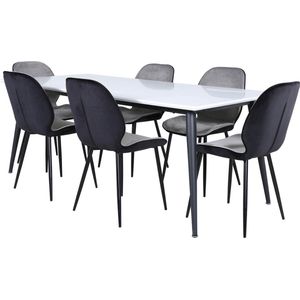 Jimmy195 eethoek eetkamertafel uitschuifbare tafel lengte cm 195 / 285 wit en 6 Emma eetkamerstal velours grijs,zwart.