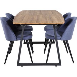 IncaNABL eethoek eetkamertafel uitschuifbare tafel lengte cm 160 / 200 el hout decor en 4 Velvet eetkamerstal blauw.