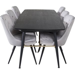 Gold eethoek eetkamertafel uitschuifbare tafel lengte cm 180 / 220 zwart en 6 Velvet Deluxe eetkamerstal velours lichtgrijs.