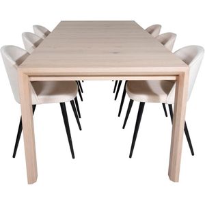 SliderWW eethoek eetkamertafel uitschuifbare tafel lengte cm 170 / 250 eik wit washeded en 6 Velvet eetkamerstal velours