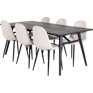 Sleek eethoek eetkamertafel uitschuifbare tafel lengte cm 195 / 280 zwart en 6 Polar eetkamerstal velours beige.
