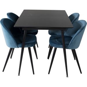 SilarBLExt eethoek eetkamertafel uitschuifbare tafel lengte cm 120 / 160 zwart en 4 Velvet eetkamerstal velours blauw, zwart.