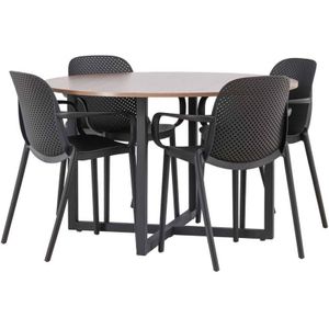 Durango eethoek tafel okkernoot decor en 4 baltimore stoelen zwart.