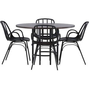 Copenhagen eethoek tafel mokka en 4 Dyrön stoelen zwart.